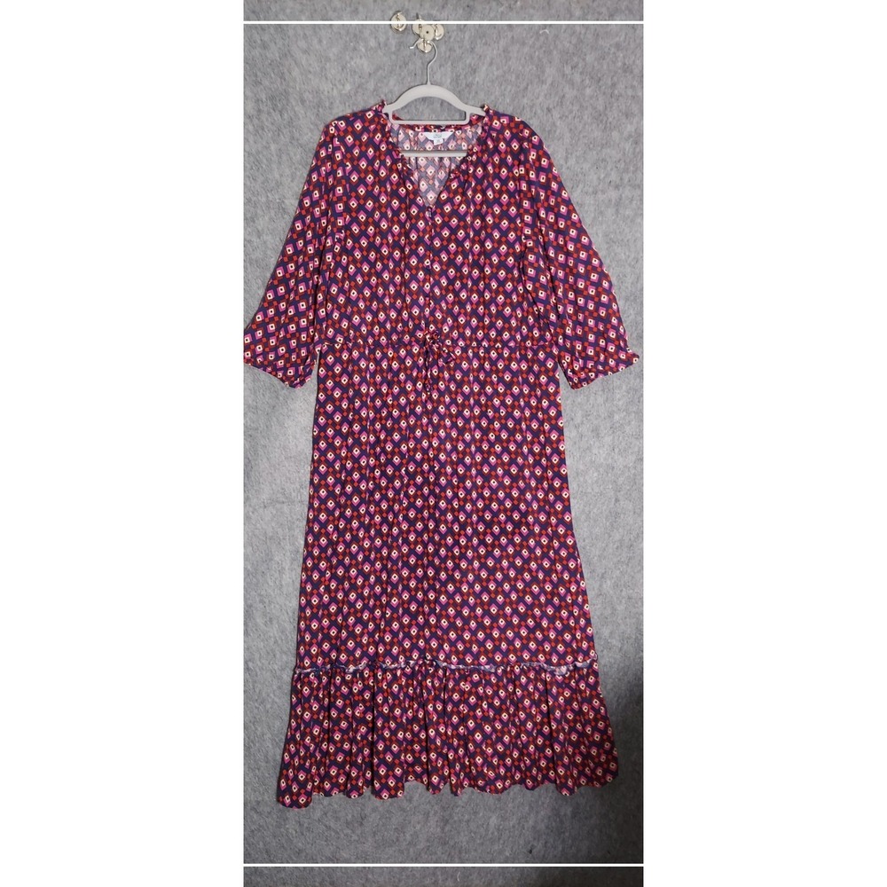 Croft & Barrow Dress Womens XXL Multi Color Geometric Maxi Ruffle Hem 3/4 Sleeve